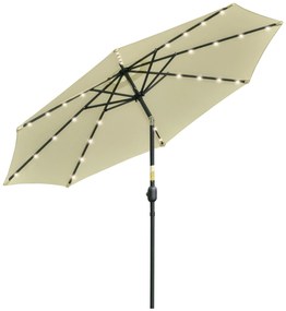 Outsunny Guarda-sol LED Solar Ø265x233cm Chapéu Sol Inclinável Manivela Mastro Aço Iluminação Noturna Bege | Aosom Portugal