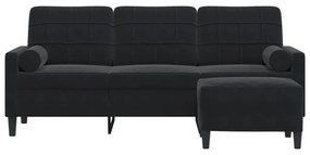Sofá de 3 lugares com apoio de pés 180 cm veludo preto