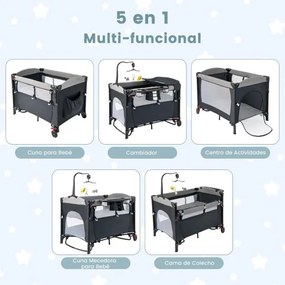 Berço de viagem para bebés de 0 a 3 anos com trocador, colchão, brinquedos pendurados, caixa de música, altura ajustável, rodas preto