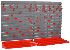 DURHAND Estante de Parede com Sistema de Armazenamento 95,5x23x53,5cm Suporte para Ferramentas com 54 Peças 50 Ganchos para Oficina Garagens Vermelho e Cinza