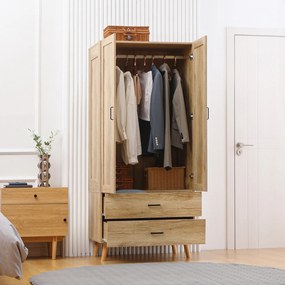 Guarda roupa e arrumação com 2 portas e 2 gavetas, com varão - 80 x 54 x 180 cm cor natural