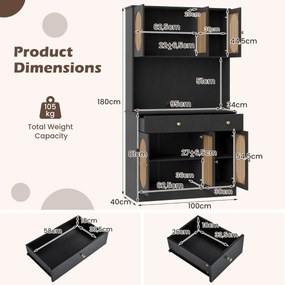 Armário Despensa Cozinha 100 x 40 x 180 cm com Estação de Carregamento 6 Portas de Rattan 2 Gavetas 4 Prateleiras Ajustáveis Móvel Boho Preto