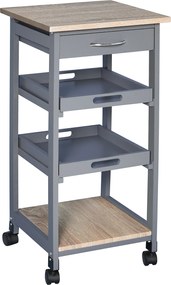 Carrinho de serviço de cozinha com rodas, 2 tabuleiros removíveis, gaveta e prateleira em carvalho claro e pinho cinzento