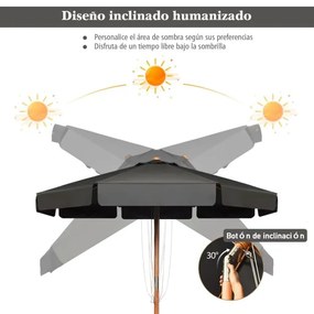 Guarda-sol de exterior com botão manual 8 hastes de madeira Tecido de poliéster branco impermeável para Pátio Praia Piscina 300 x 253 cm Cinzento