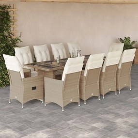 vidaXL 11 pcs conjunto de bistrô p/ jardim c/ almofadões vime PE bege