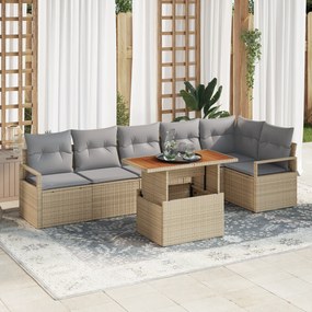 Conjunto de Sofás para Jardim de 7 Peças com Almofadas Bege Vime Sintético Acácia
