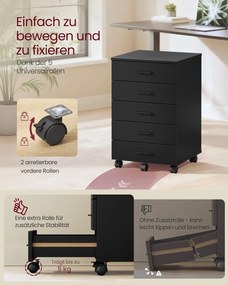 Bloco de gavetas para escritório com rodas, 5 gavetas 40 x 42 x 65,7 cm, corrediças sem parafusos, preto