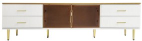 Móvel de TV em Mármore com 4 Pés, 4 Gavetas Estruturadas com Puxadores Dourados e Duas Portas em Vidro Temperado Castanho,170x37x47,5cm Branco