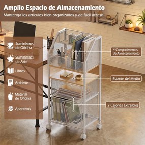 Carrinho de Arrumação, 37 x 26 x 84 cm, 2 Gavetas e Rodas com Travão, Branco