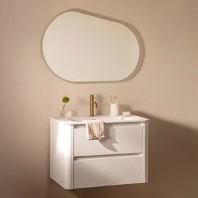 Conjunto De Móvel De Casa De Banho Suspenso 80x50 Cm Em Madeira Com Lavatório Integrado Egerton Branco & Oval Led E Anti-embaciamento 100x80 - Sklum