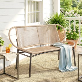 Banco de jardim de 2 lugares, 138C x 62L x 83A cm em resina trançada com estrutura metálica, resistente às intempéries, cor natural