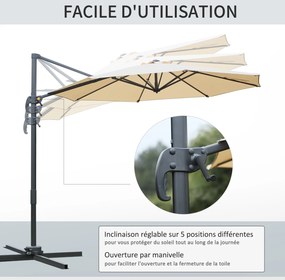 Guarda-sol octogonal inclinável Ø 2,95, com rotação de 360°, pé em cruz, 8 cordas, manivela incluída e estrutura em alumínio bege