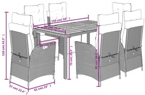 7 pcs conjunto de jantar p/ jardim c/ almofadões vime PE preto