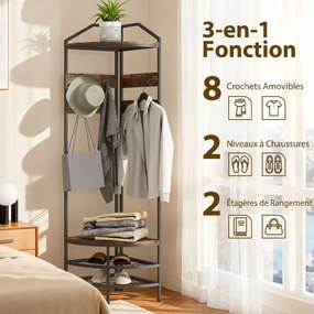 Móvel de entrada de canto 47 L x 47 P x 180 A cm, com 4 níveis, espaço para guardar sapatos, 8 ganchos amovíveis, 2 prateleiras, castanho rústico