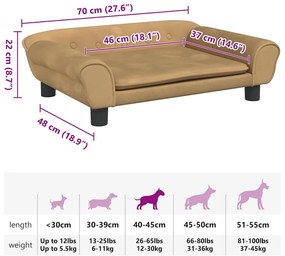 Cama para cães 70x48x22 cm veludo castanho