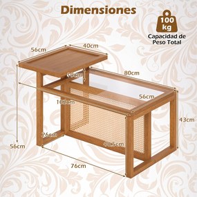 Mesa de Centro, 102 x 56 x 56 cm, Tampo de 2 Níveis, Natural