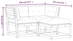 3 pcs conj. sofás de jardim c/ almofadões pinho maciço branco