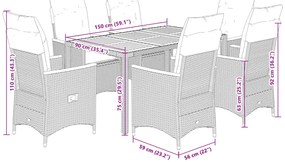 7 pcs conjunto de jantar p/ jardim c/ almofadões vime PE cinza