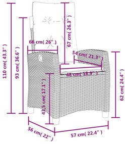 Cadeiras jardim reclináveis 2pcs c/ almofadões vime cinza claro