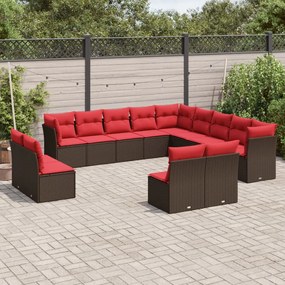 vidaXL 13 pcs conjunto sofás p/ jardim c/ almofadões vime PE castanho