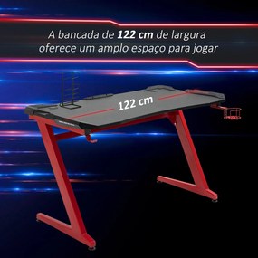 HOMCOM Secretária Gaming para Computador com Porta Copos Gancho para Fones de Ouvidos Suporte para Gamepad e 2 Orifícios Passa Cabos 122x66x76cm