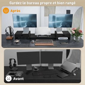Suporte elevador para ecrã de computador de secretária, suporte para ecrã de computador de 60 a 116 cm com 2 gavetas, comprimento e ângulo ajustáveis,
