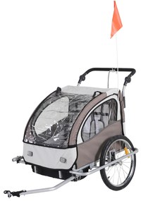 HOMCOM Reboque de Bicicleta para Crianças 2 Lugares 2 em 1 Reboque para Crianças Convertível em Carrinho com Rodas 360º Amortecedores e Guiador Ajustável Bege e Marrom