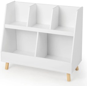 Organizador de brinquedos de 5 compartimentos para crianças Baú de 2 níveis com pernas de madeira Kits anti-queda Estante aberta para crianças Branco