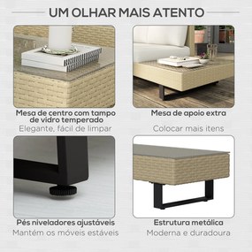 Conjunto de Móveis de Vime 3 Peças Mesa de Centro Sofá Duplo e Sofá de