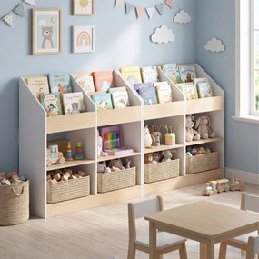 Estante infantil com 4 cubos verticais e 4 compartimentos 80 x 29,5 x 80 cm para expor livros e organizar brinquedos, Branco + Natural