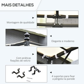 Pérgola de Jardim 3x3m Pérgola Montada na Parede com Toldo e 16 Orifícios de Drenagem Metal e Poliéster Creme