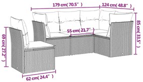 5 pcs conj. sofás jardim c/ almofadões vime PE cinzento-claro