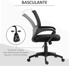 Cadeira de Escritório de Malha Giratória com Altura Ajustável Função Basculante e Apoio para os Braços 57x55x89-109 cm Preto