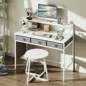Secretária para computador 110 x 50 x 95,5 cm com tomadas elétricas com banco com suporte para monitor e Gavetas de tecido Branco