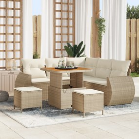 Conjunto de Sofás de Jardim de 8 Peças com Almofadas Bege Rattan Poliéster