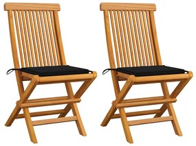 vidaXL Cadeiras de jardim c/ almofadões pretos 2 pcs teca maciça