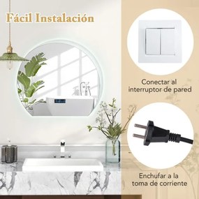 Espelho de casa de banho LED ajustável com 3 cores Função de memória Indicação de tempo e temperatura 53 x 60 cm Prata