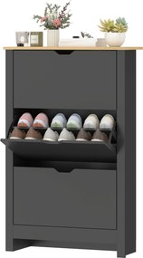 Sapateira com 3 portas 72 (L) x 26 (P) x 112 (A) cm basculantes e 2 compartimentos, em aglomerado de partículas, em cor de carvalho e preto
