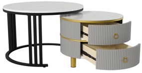 Mesa de centro 2-em-1 em MDF com tampo brilhante e tampo em mármore branco, combinação de mesa de centro para sala de estar com 2 gavetas, Cinza