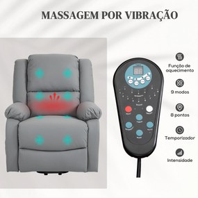 Poltrona Relax Levanta Pessoas com 8 Pontos de Massagem Reclinável com Função de Aquecimento 89x93x105 cm Cinza