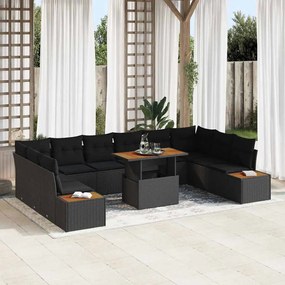 vidaXL Conjunto de Jantar de 11 Peças com Almofadas Preto Rattan Poli Aço