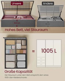 Estrutura de cama (COLCHÃO NÃO INCLUÍDO) com base de ripas rebatível e espaço de arrumação 209,3 x 163,4 x 110 cm Cinzento escuro