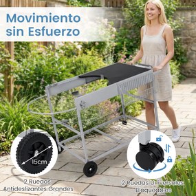 Carrinho de churrasco 141 x 62 x 80 cm para grelhadores de 18“ e 22” com bancada ampla, grelha metálica, cesto para rolos e caixote do lixo para jardi