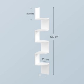Prateleira de canto com iluminação LED 20 x 20 x 126 cm, estante de parede com 5 prateleiras, comando à distância branca