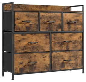 Cómoda de design industrial com 7 gavetas em tecido 98 x 28,5 x 85 cm Castanho Vintage-preto