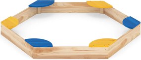 Caixa de areia hexagonal de madeira para crianças 140 x 122 x 14 cm combinada com vaso aberto e 6 assentos para pátio exterior para crianças com mais