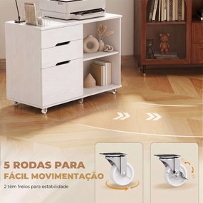 Móvel para Impressora com Rodas, 3 Gavetas, Barra Ajustável, 2 Prateleiras Abertas e Puxadores, para Documentos A4, Branco