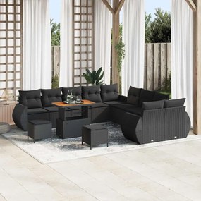 Conjunto de Sofá de Jardim vidaXL de 13 Peças com Almofadas Preto Vime PE Acácia