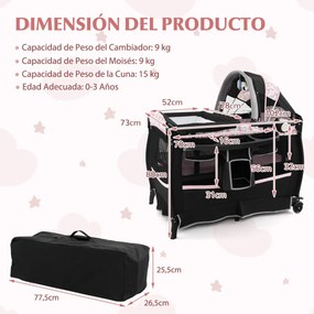 Berço portátil 4 em 1 para bebés com colchão 102 x 73 x 80 cm, mesa para mudar de fraldas, música, Toldo, prateleira, estante, parque dobrável, cor 3