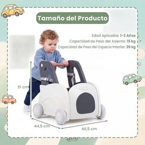 Andador de Empurrar 4 em 1 para Bebés, 46,5 x 44,5 x 51 cm, Assento Rebatível, Cinzento+Branco